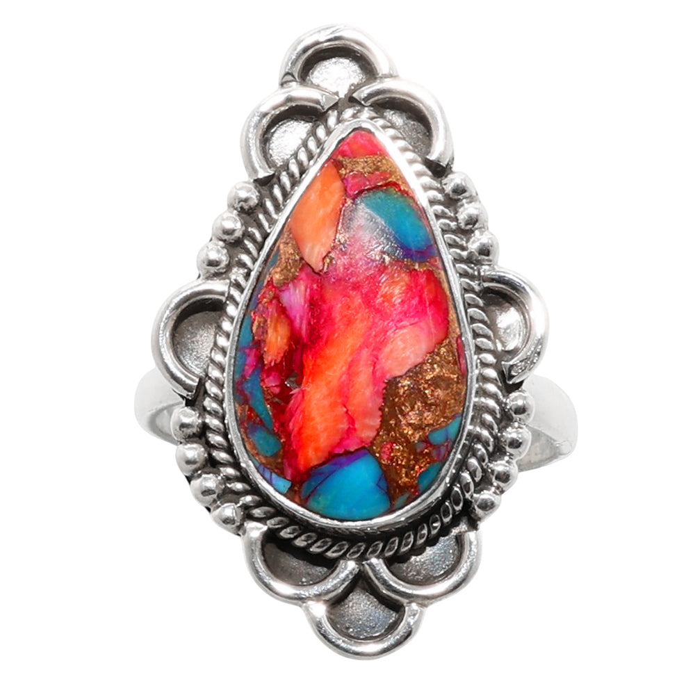 Kingman Orange Dahlia Turquoise 925 Sterling Silver Ring Jewelry Size-17 SR01254