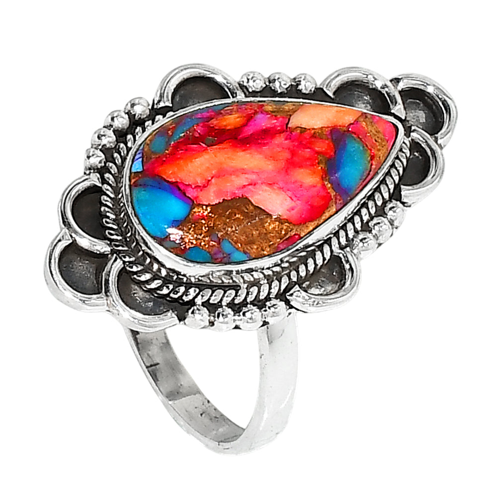 Kingman Orange Dahlia Turquoise 925 Sterling Silver Ring Jewelry Size-17 SR01254