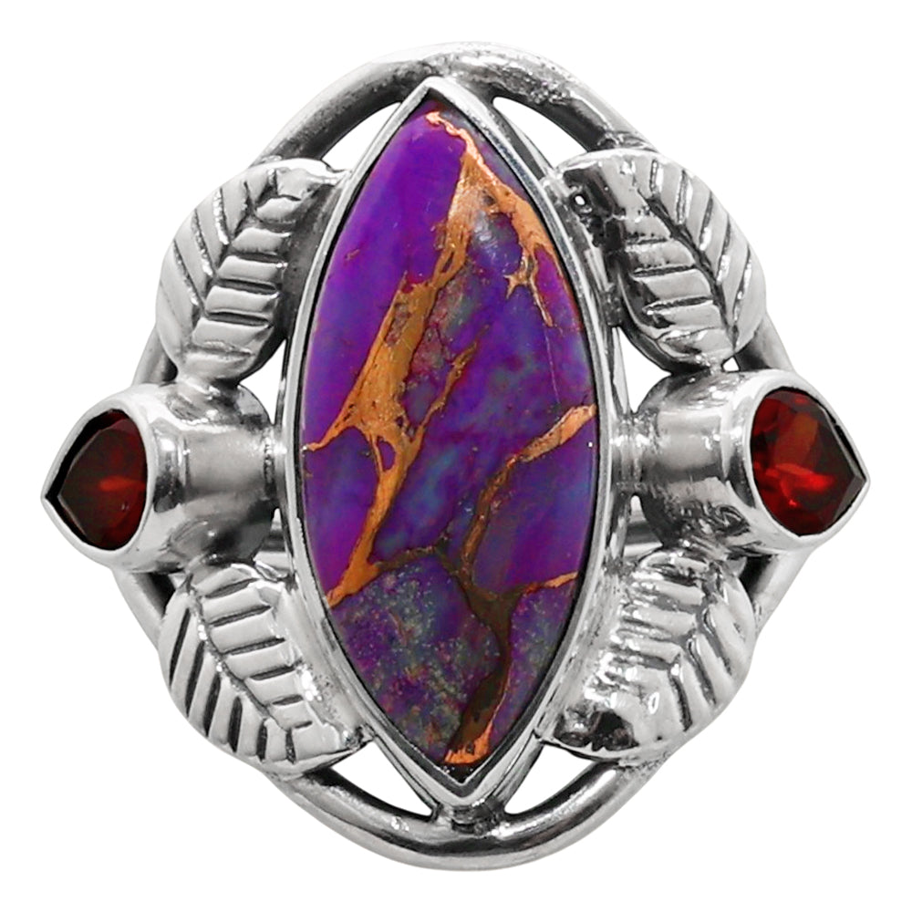 Leaf - Copper Purple Turquoise and Hessonite Garnet 925 Sterling Silver Ring Jewelry Size-14 SR01290
