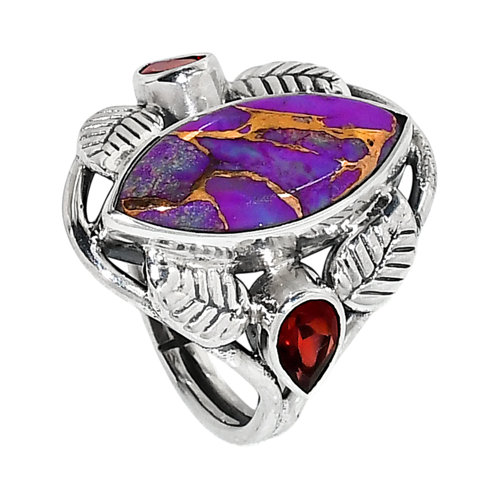 Leaf - Copper Purple Turquoise and Hessonite Garnet 925 Sterling Silver Ring Jewelry Size-14 SR01290
