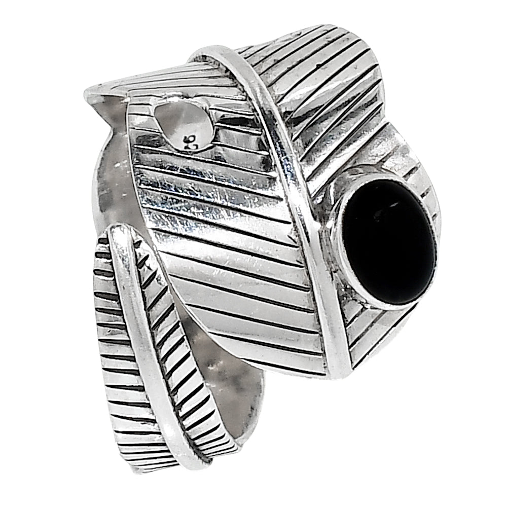 Adjustable Feather - Black Onyx 925 Sterling Silver Ring Jewelry Size-22 SR01299