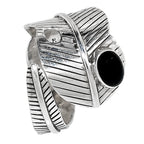 Adjustable Feather - Black Onyx 925 Sterling Silver Ring Jewelry Size-22 SR01299