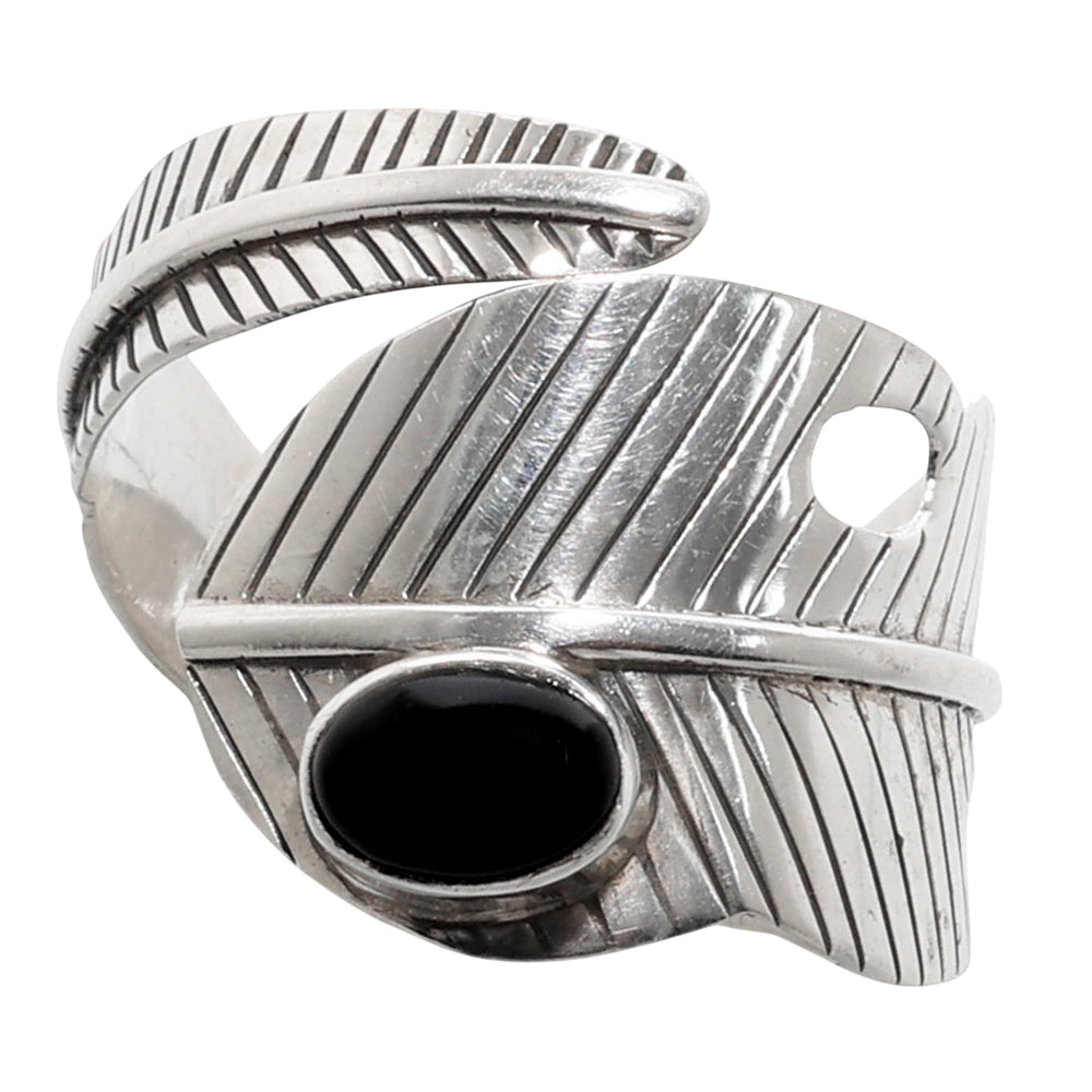 Adjustable Feather - Black Onyx 925 Sterling Silver Ring Jewelry Size-22 SR01299