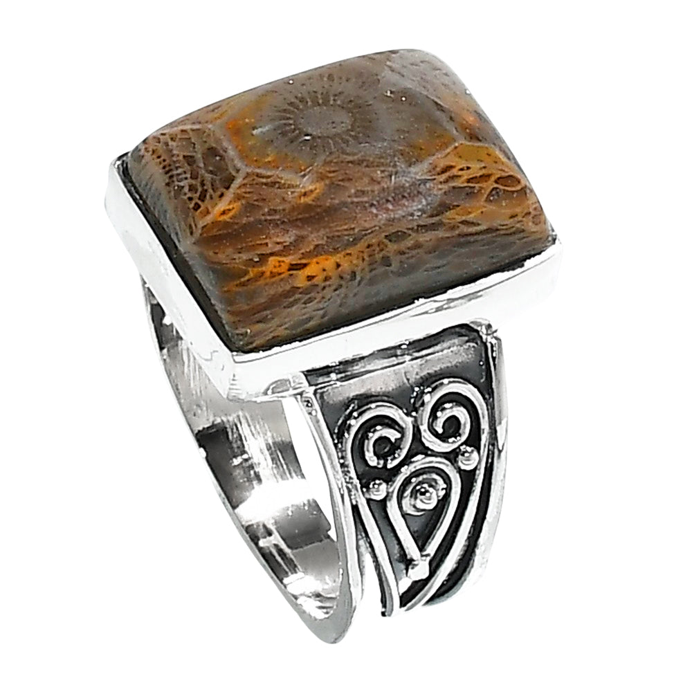 Flower Fossil Coral 925 Sterling Silver Ring Jewelry Size-20 SR01321