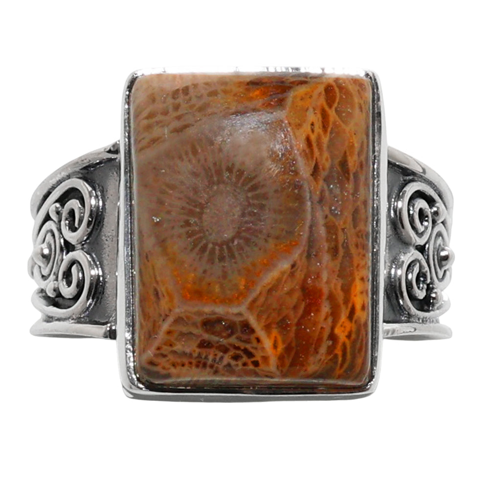 Flower Fossil Coral 925 Sterling Silver Ring Jewelry Size-20 SR01321