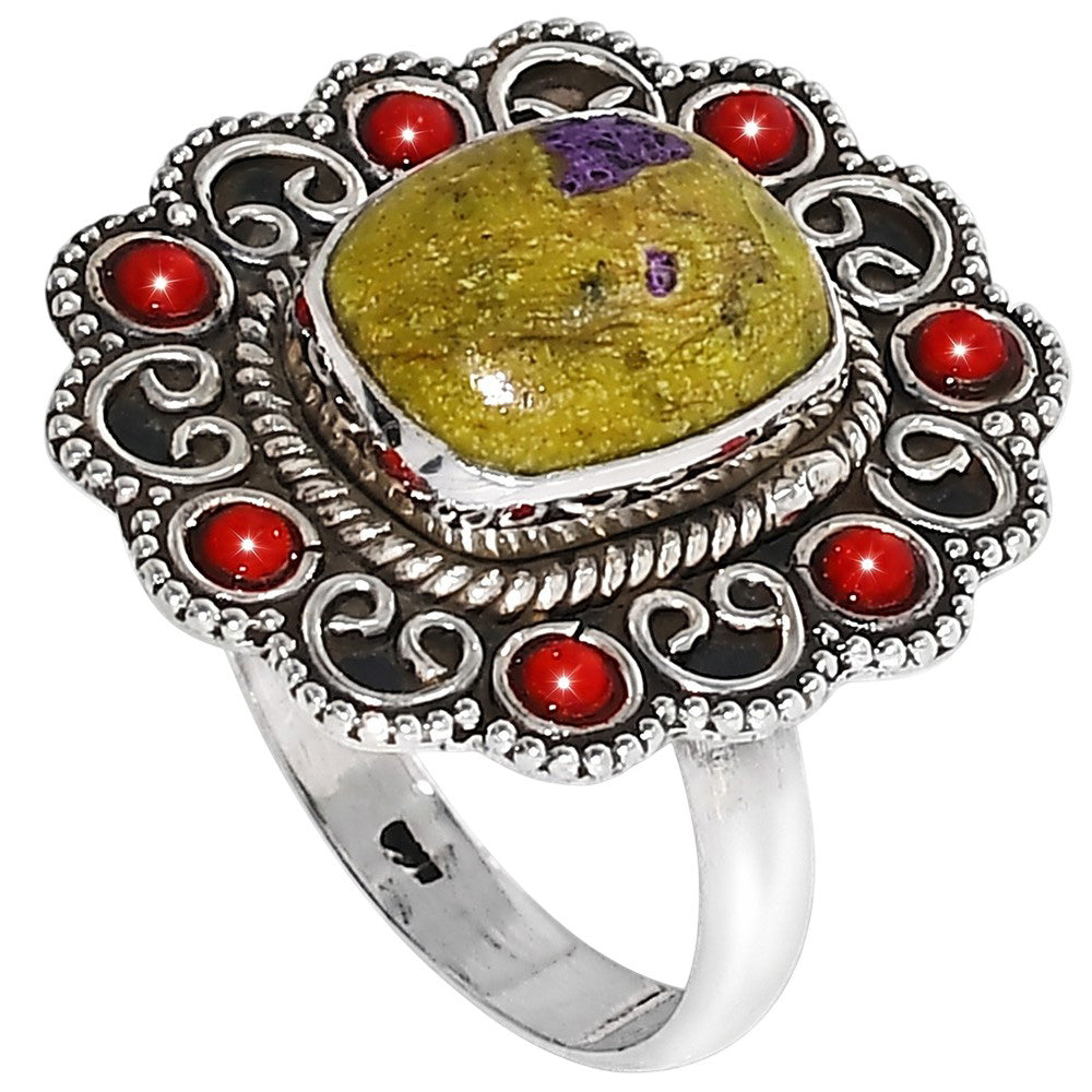 Stichtite and Coral 925 Sterling Silver Ring Jewelry Size-20 SR01350
