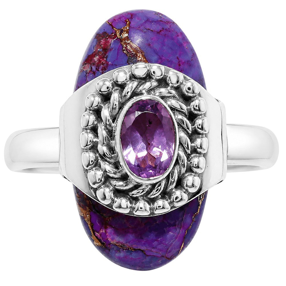 Copper Purple Turquoise and Amethyst 925 Sterling Silver Ring Jewelry Size-20 SR01364