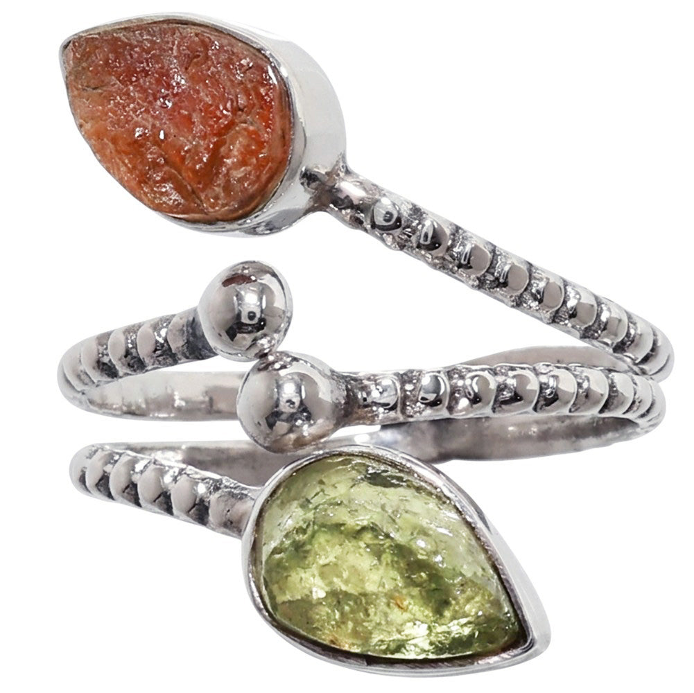 Sunstone Rough and Peridot Rough 925 Sterling Silver Ring Jewelry Size-14 SR01481