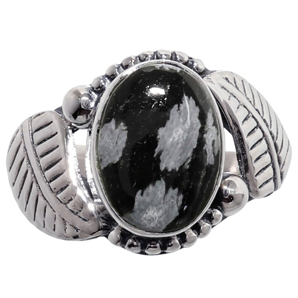 Leaf - Snow Flake Obsidian 925 Sterling Silver Ring Jewelry Size-16 SR01483
