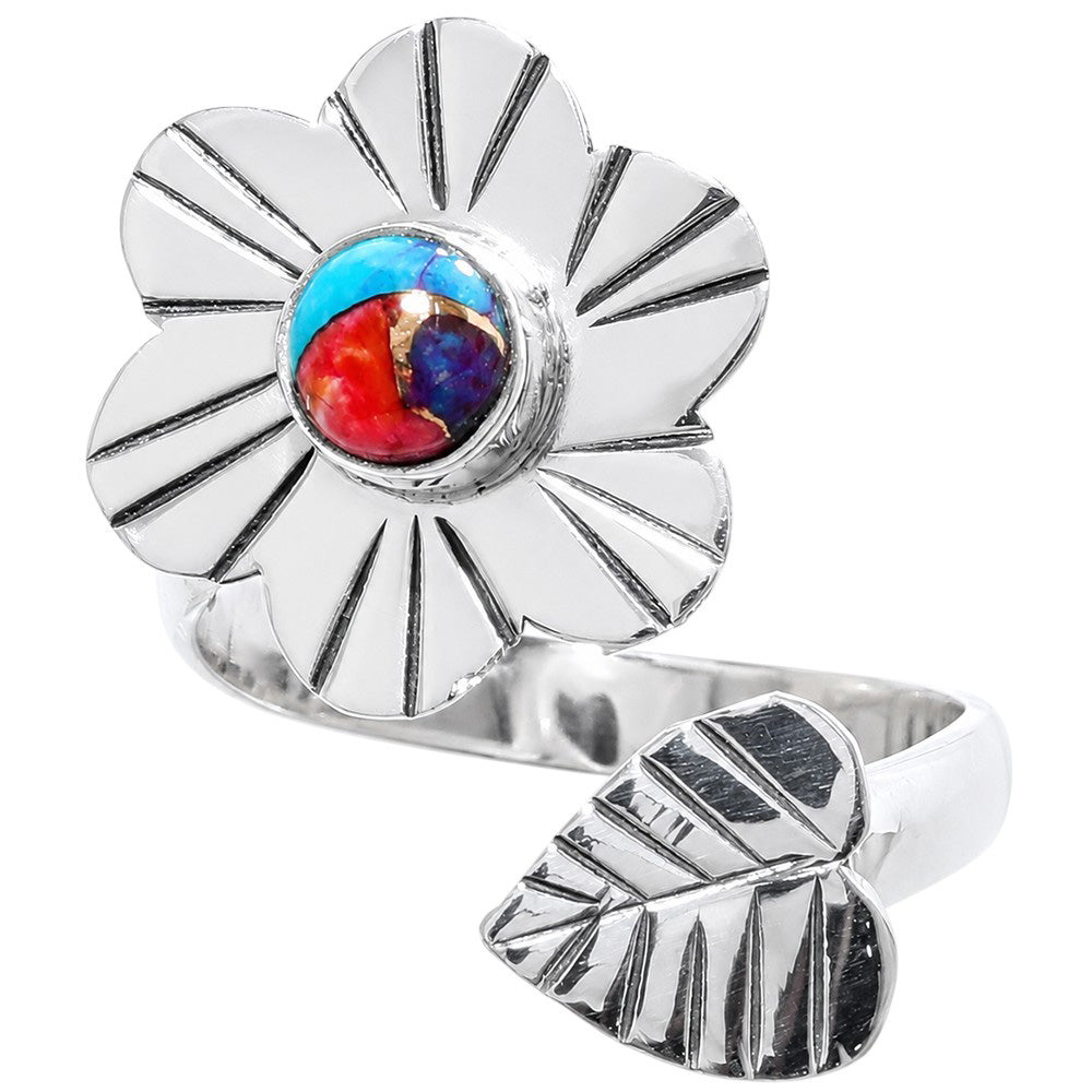 Flower - Kingman Orange Dahlia Turquoise 925 Sterling Silver Ring Jewelry Size-17 SR01497