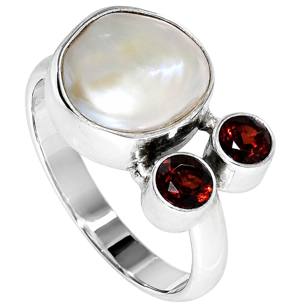 Natural Fresh Water Pearl and Hessonite Garnet 925 Sterling Silver Ring Jewelry Size-16 SR01506