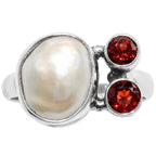 Natural Fresh Water Pearl and Hessonite Garnet 925 Sterling Silver Ring Jewelry Size-16 SR01506