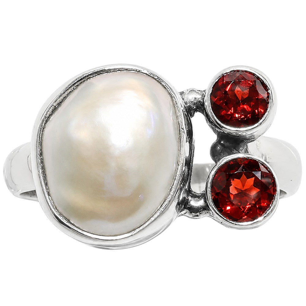Natural Fresh Water Pearl and Hessonite Garnet 925 Sterling Silver Ring Jewelry Size-16 SR01506