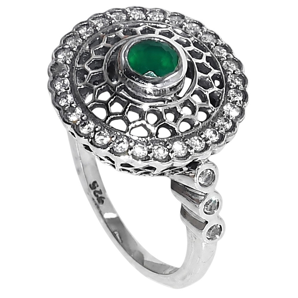 Green Onyx and White Zircon 925 Sterling Silver Ring Jewelry Size-14 SR01539