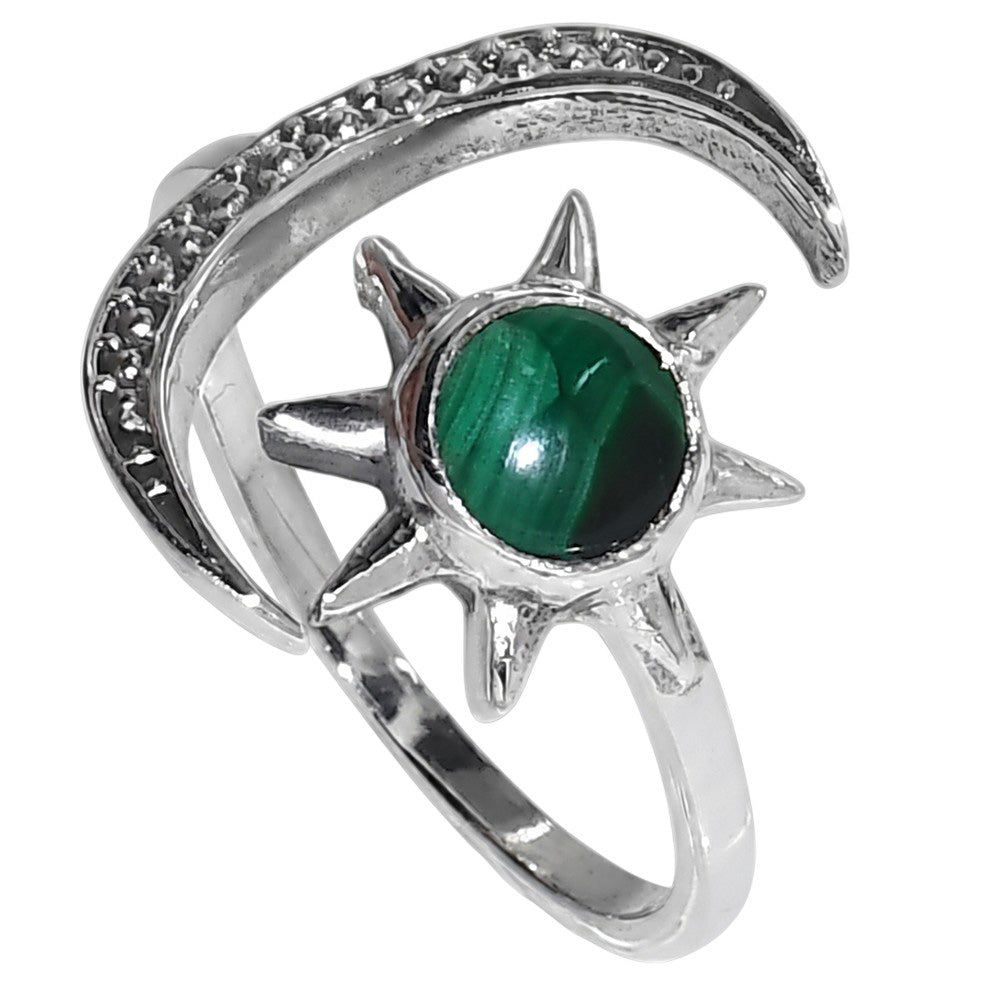 Adjustable Star Moon - Malachite Eye 925 Sterling Silver Ring Jewelry Size-20 SR01543