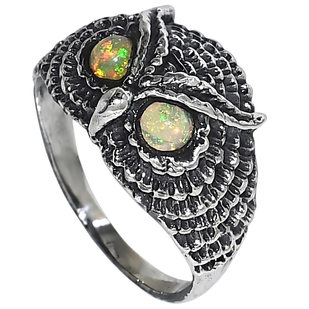 Owl - Ethiopian Opal 925 Sterling Silver Ring Jewelry Size-17 SR01559