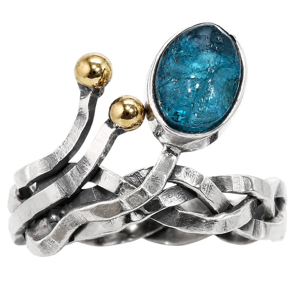 Two Tone - Blue Apatite Rough 925 Sterling Silver Ring Jewelry Size-17 SR01599