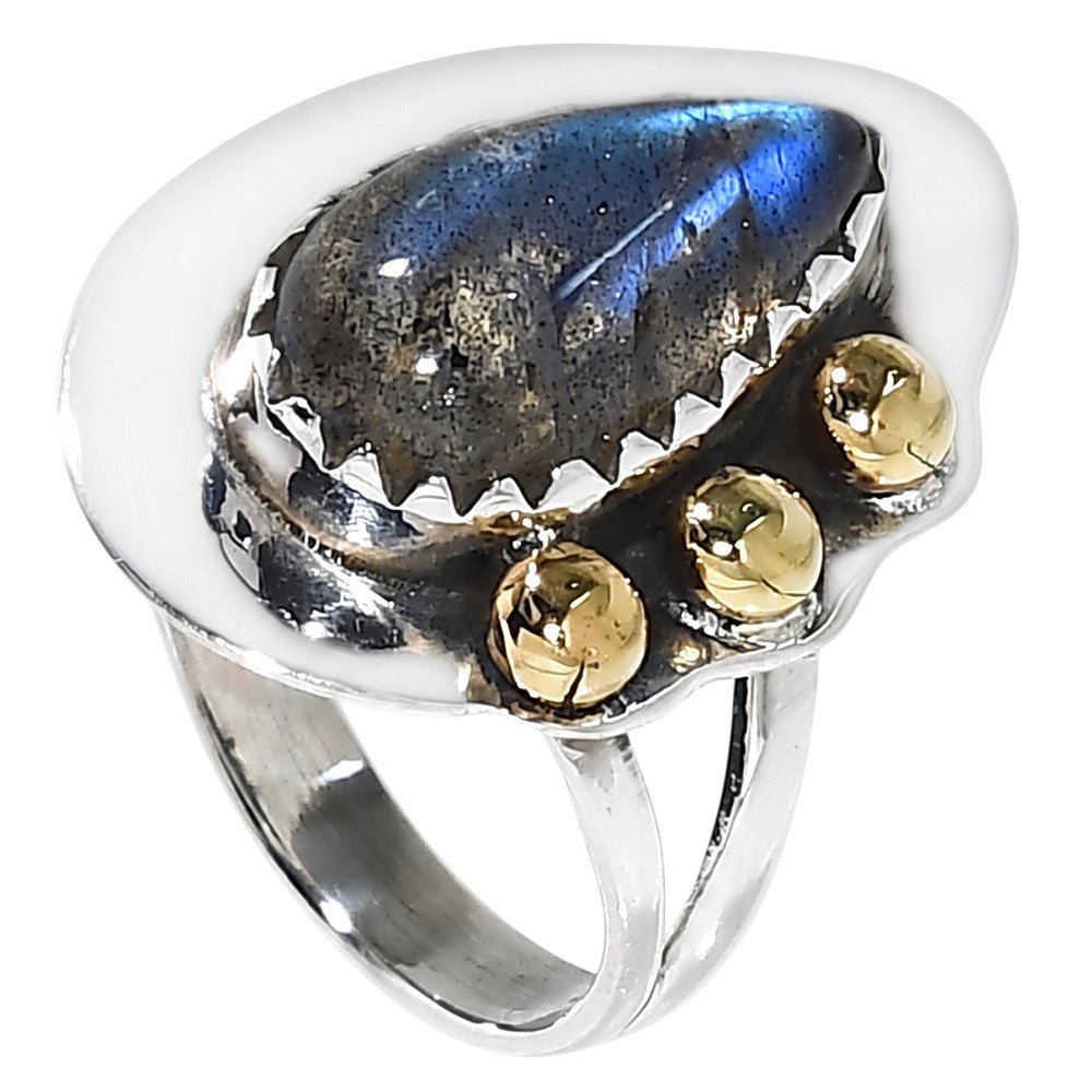 Two Tone - Blue Labradorite 925 Sterling Silver Ring Jewelry Size-14 SR01603