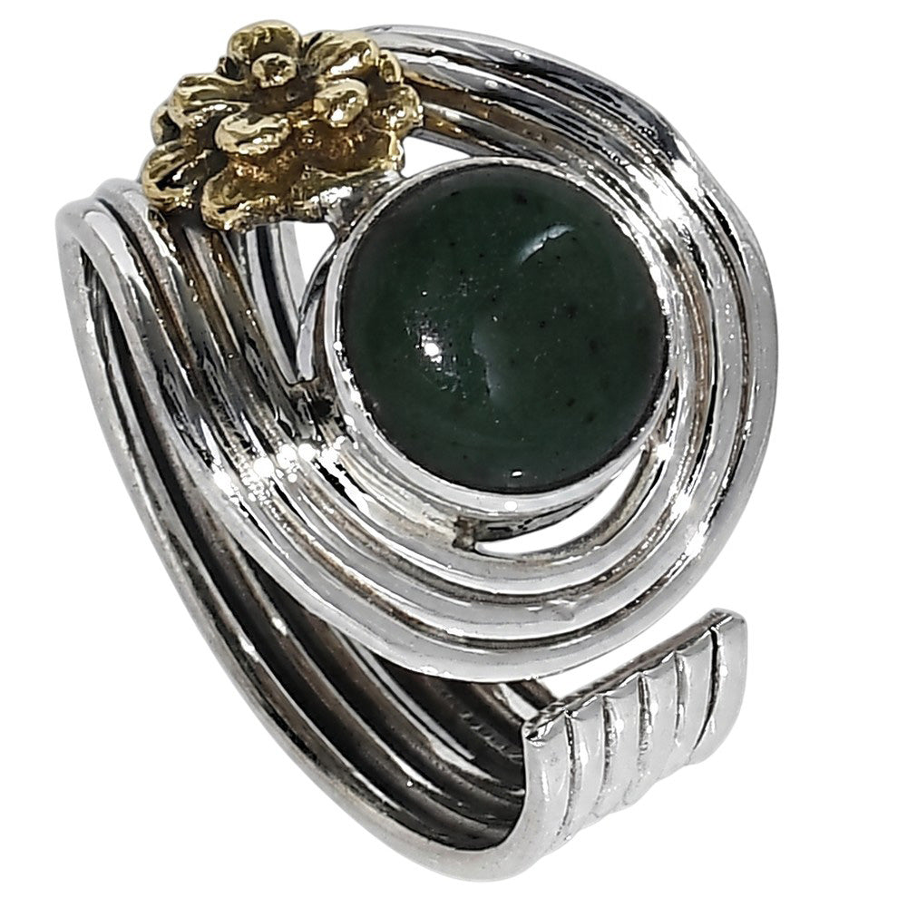 Two Tone Floral - Green Aventurine 925 Sterling Silver Ring Jewelry Size-20 SR01606