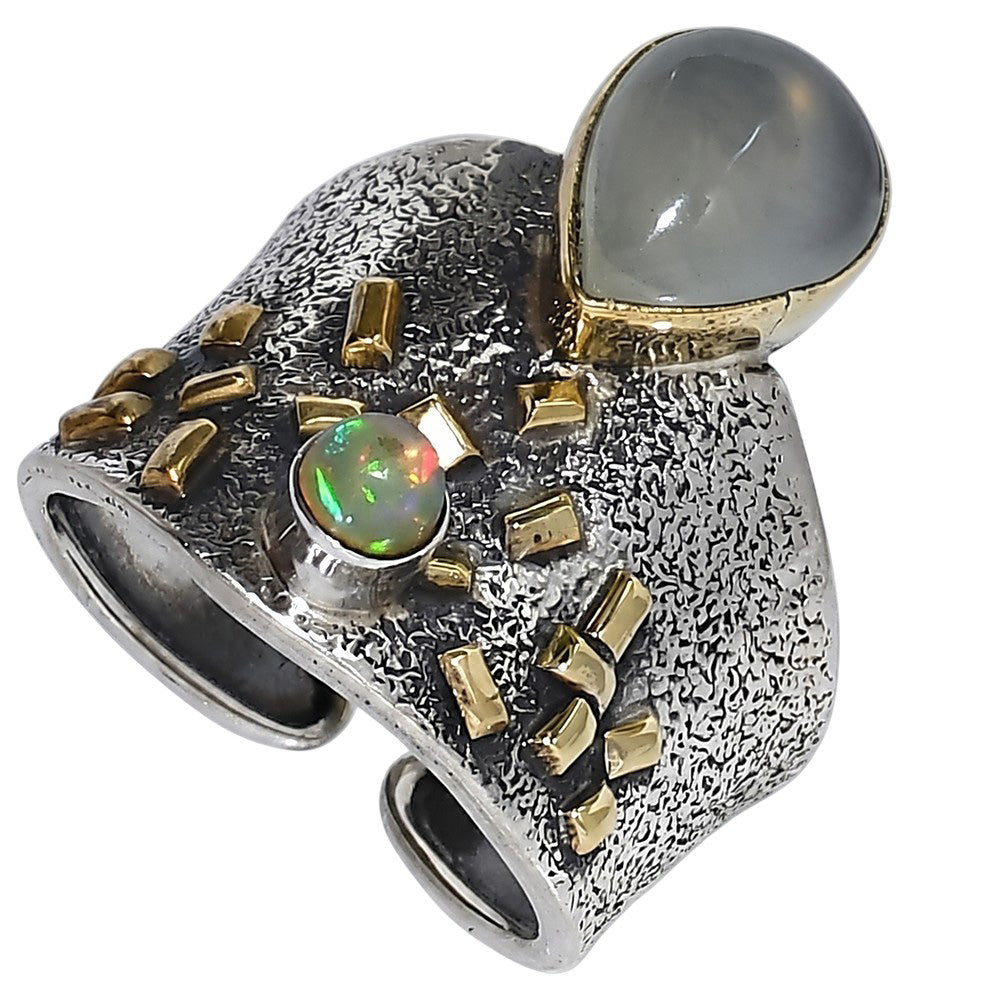 Two Tone - Prehnite and Ethiopian Opal 925 Sterling Silver Ring Jewelry Size-16 SR01607