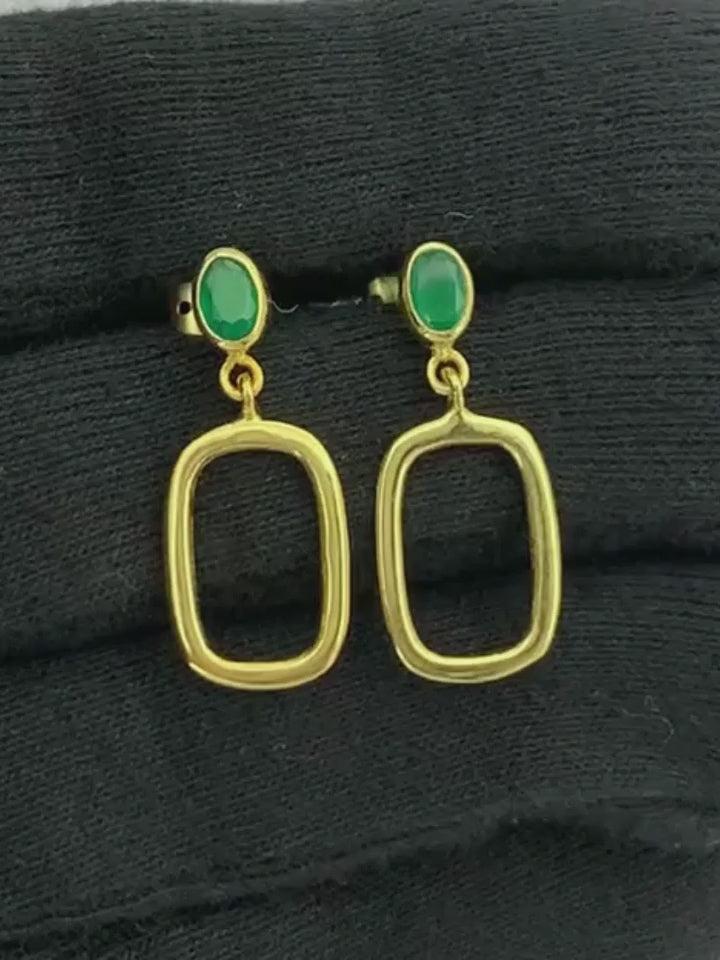 Trendy 18K Gold Plated White Zircon, Green Onyx, Red Garnet Rectangle Drop Earrings for Women & Girls BIE1024