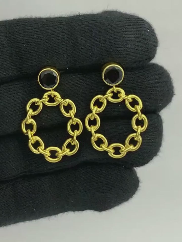 Fashionable 18K Gold Plated Tanzanite, White Zircon, Green & Black Onyx Chain Earrings for Ethnic & Western Wear BIE1028