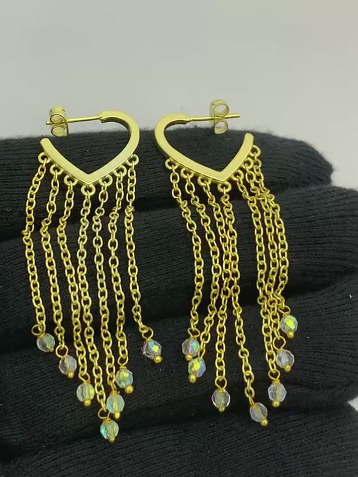 18K Gold Plated Heart Tassel Pearl Drop Long Chain Fringe Dangle Earrings BIE1007