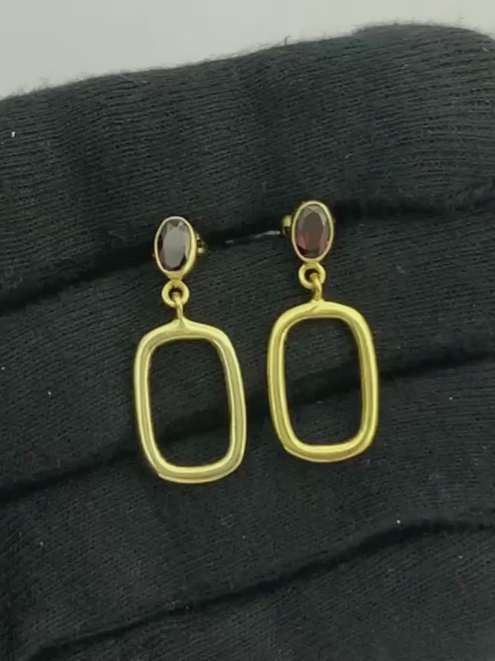 Trendy 18K Gold Plated White Zircon, Green Onyx, Red Garnet Rectangle Drop Earrings for Women & Girls BIE1024
