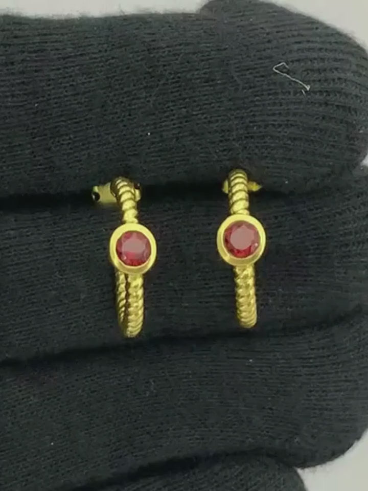 18K Gold Plated Twisted Rope Texture Hoops Earrings With Colorful Gemstone for Women BIE1031
