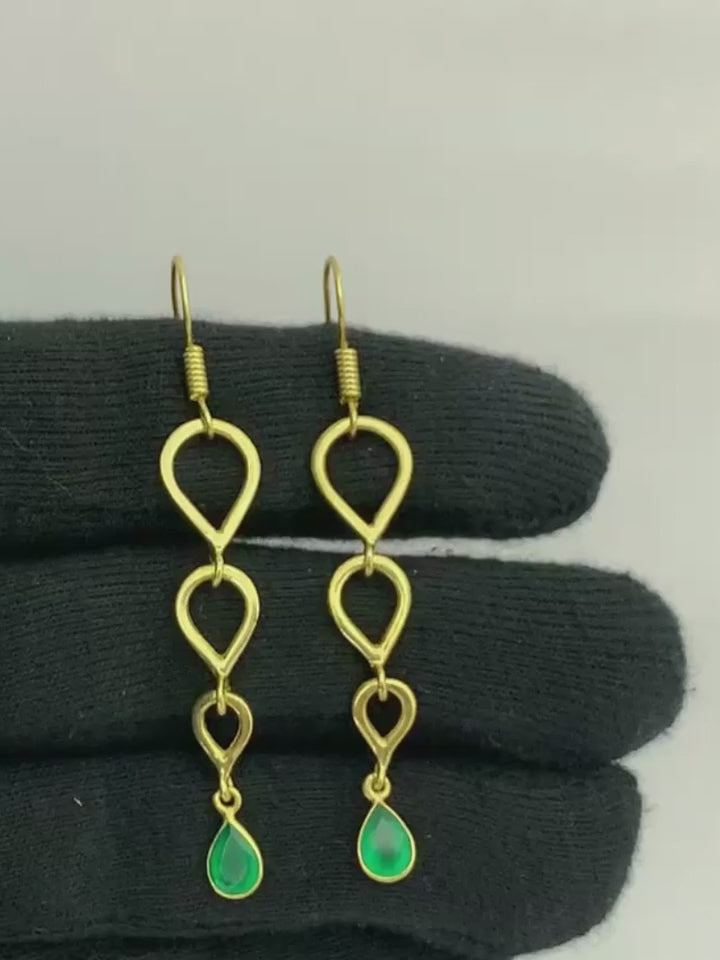 Trendy 18K Gold Plated Link Chain White Zircon, Green Onyx, Red Garnet Drop Earrings for Women & Girls BIE1023