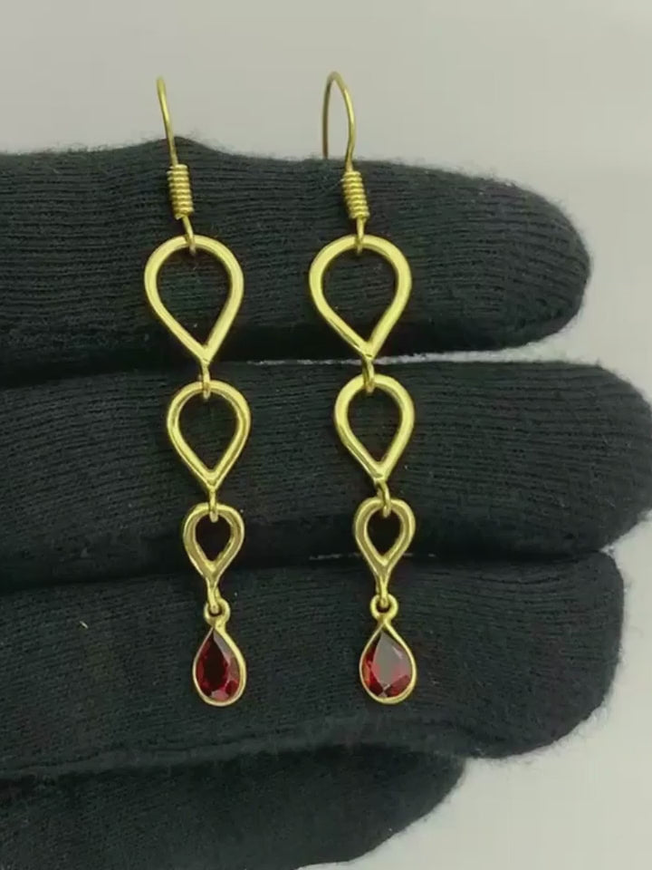 Trendy 18K Gold Plated Link Chain White Zircon, Green Onyx, Red Garnet Drop Earrings for Women & Girls BIE1023