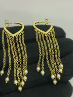 18K Gold Plated Heart Tassel Pearl Drop Long Chain Fringe Dangle Earrings BIE1007