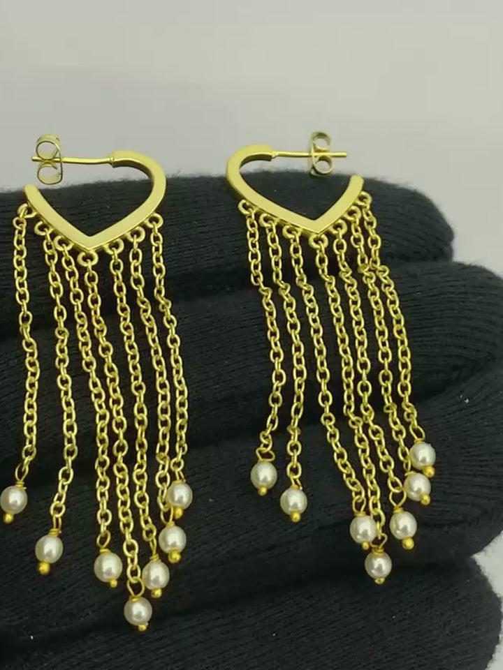 18K Gold Plated Heart Tassel Pearl Drop Long Chain Fringe Dangle Earrings BIE1007