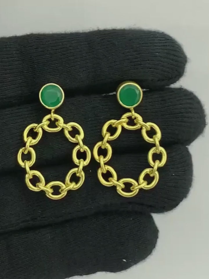 Fashionable 18K Gold Plated Tanzanite, White Zircon, Green & Black Onyx Chain Earrings for Ethnic & Western Wear BIE1028