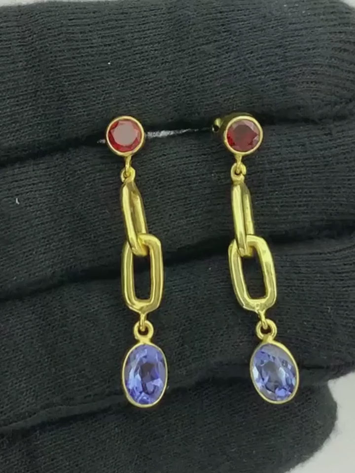 Elegant 18K Gold Plated Colored Gemstone Chain Dangle Earrings BIE1027