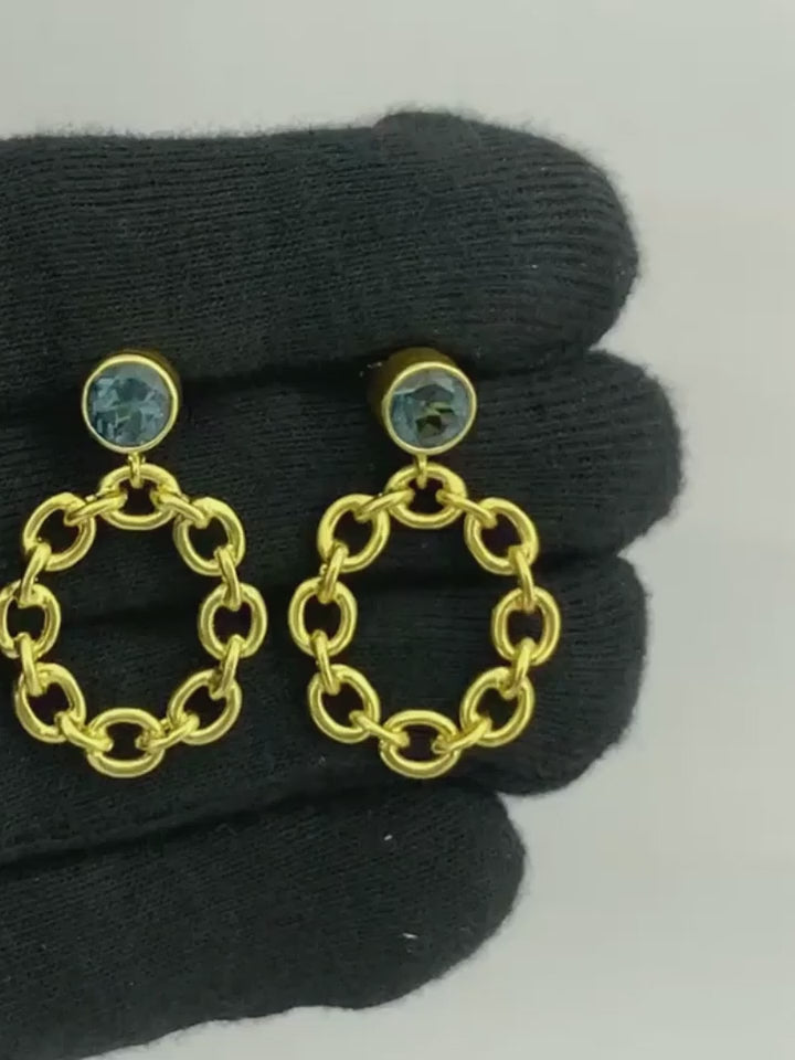 Fashionable 18K Gold Plated Tanzanite, White Zircon, Green & Black Onyx Chain Earrings for Ethnic & Western Wear BIE1028