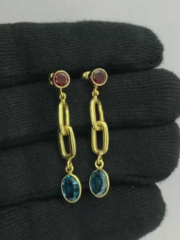 Elegant 18K Gold Plated Colored Gemstone Chain Dangle Earrings BIE1027