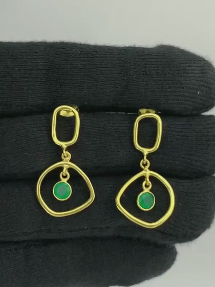 Trendy 18K Gold Plated Geometric White Zircon, Green Onyx, Red Garnet Drop Earrings for Women & Girls BIE1025